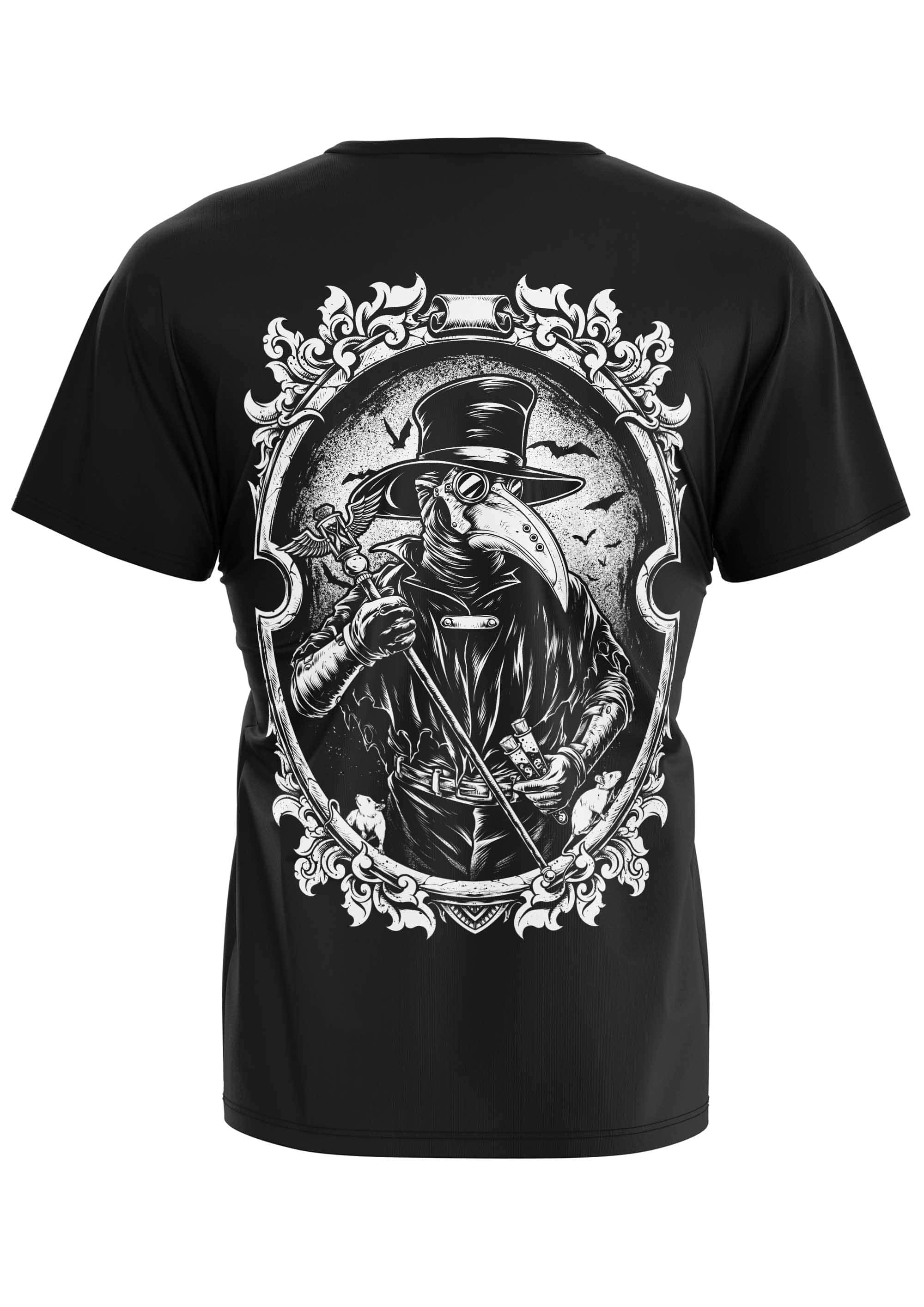 Schwarzes kurzarmshirt mit gothic plague doctor grafik im weißen ornate oval rahmen hinten, horror bitte motiv